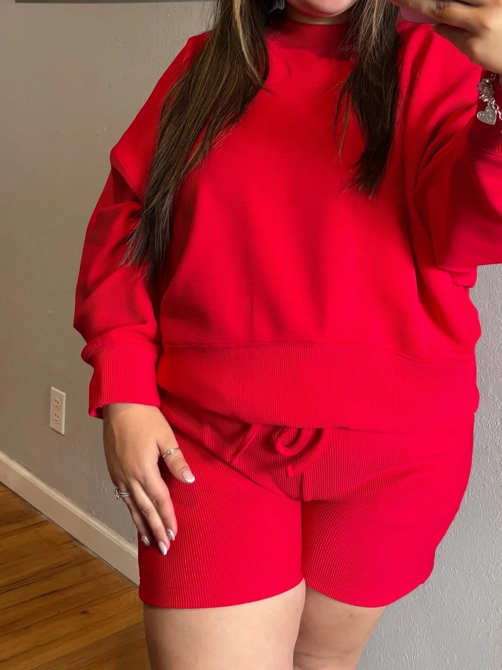 Women's Red Ribbed Lounge Set - Cozy Top & Shorts